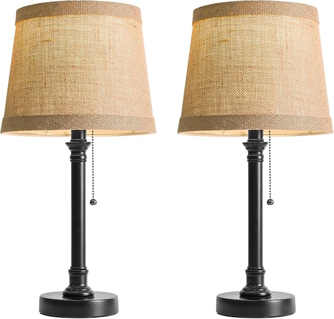 Oneach 19.5” Table Lamps Set of 2, Pull Chain Switch Bedside Table Lamps, Farmhouse Nightstand Lamp with Unique Natural Shade, Small Lamp for Living Room, Bedroom, Home Office, Nursery
