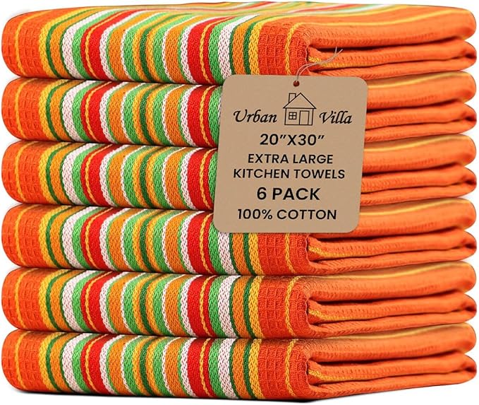 Urban Villa Kitchen Towels Waffle Stripes Dish Towels for Kitchen Orange Waffle Set of 6 Kitchen Towels Highly Absorbent 100% Cotton Over Sized 20X30 in with Mitered Corners Kitchen Hand Tea Towels