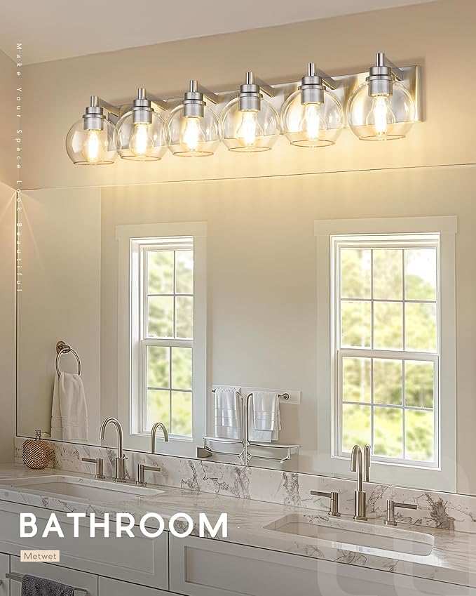 Bathroom Light Fixtures, 6 Light Brushed Nickel Vanity Light, 38 Inch Modern Wall Sconces with Globe Clear Glass Shade, Vanity Lighting Fixtures Over Mirror, VL195-BN-6