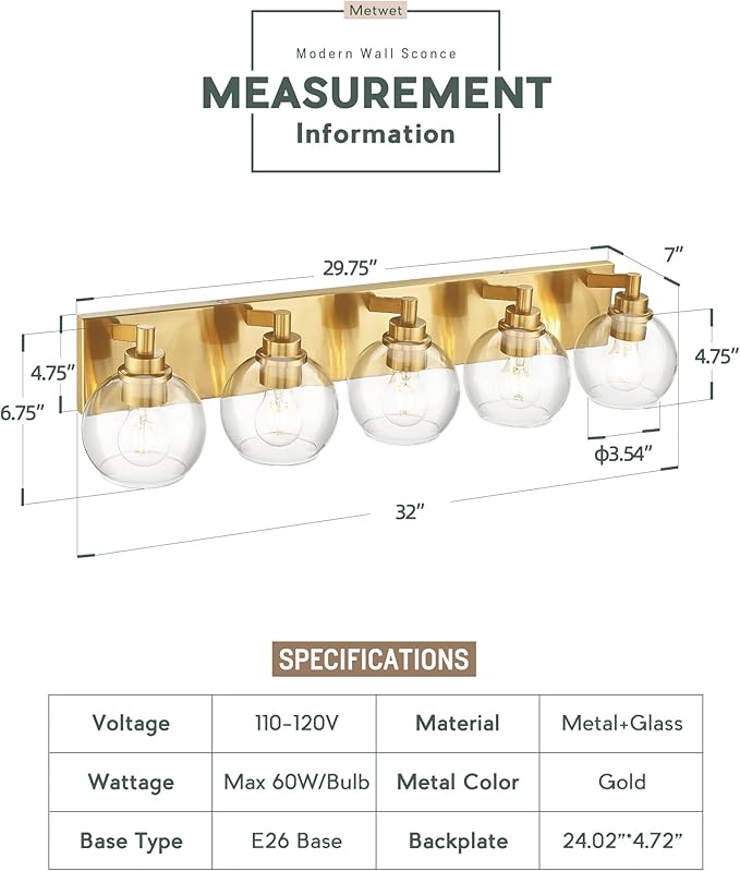 Bathroom Light Fixtures, 5 Light Brushed Gold Vanity Light, 32 Inch Modern Wall Sconces with Globe Clear Glass Shade, Vanity Lighting Fixtures Over Mirror, VL195-BG-CL-5