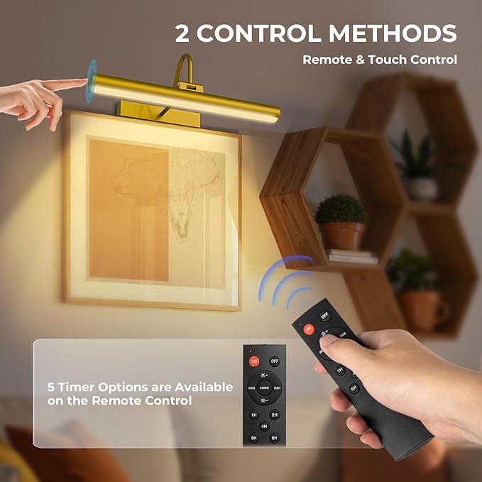 Cordless Picture Light for Wall, Battery Operated Art Light with 3CCT Dimmable, 5200mAh Battery Wall Sconce with Remote & Timer, 13in LED for Paintings, Gallery Artwrok, Picture Display - Golden