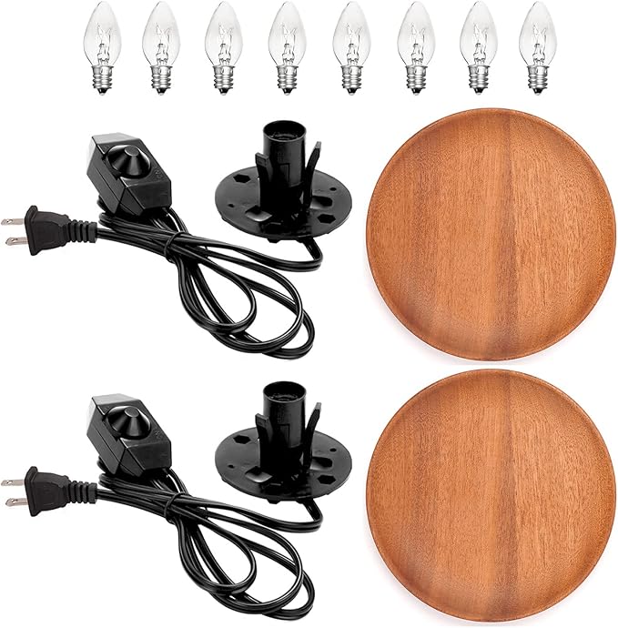 2 Pack Salt Lamp Cord Replacement with 2 Pack Wooden Tray and 8 Pack E12 Halogen Salt Lamp Bulbs