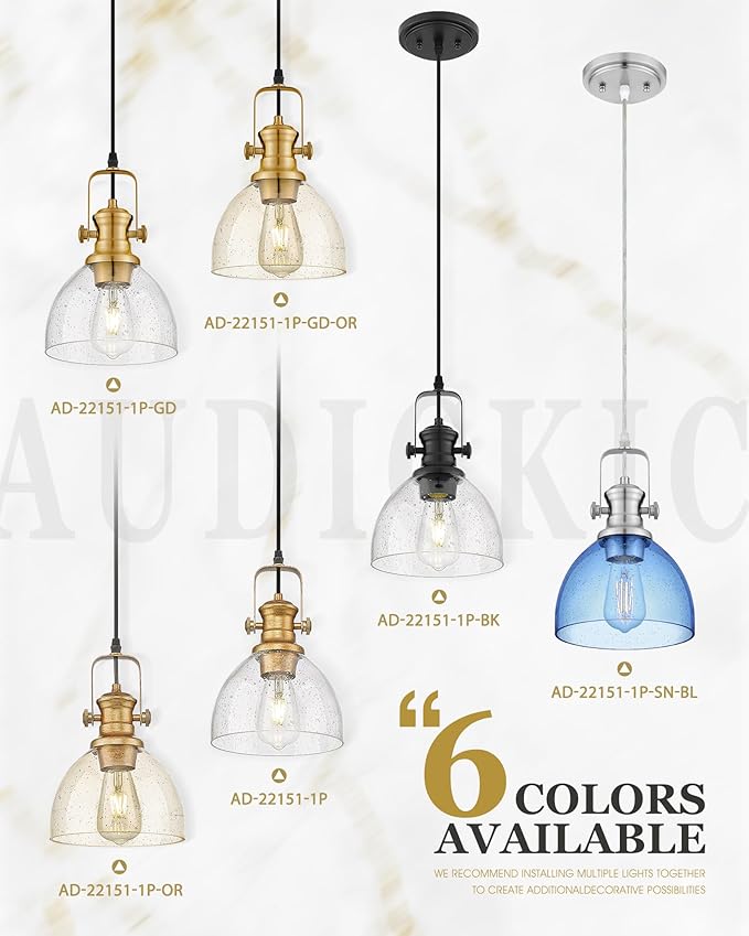 Pendant Lights Kitchen Island 2 Pack, 7.5" Farmhouse Pendant Lighting with Clear Seeded Glass Shade, Vintage Hanging Light Fixtures for Dining Room, Brushed Gold, AD-22151-1P2-GD