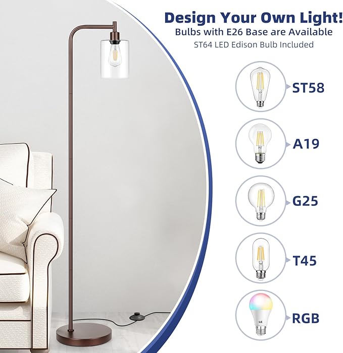 Industrial Floor Lamp with Hanging Glass Shade Oil Rubbed Brown Farmhouse Indoor Pole Light with Edison E26 Base Vintage Rustic Standing Tall Lamp for Living Room Bedroom Office(ST64 Bulb Included)