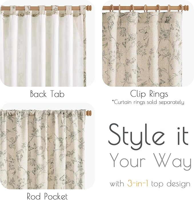 Lazzzy Lined Linen Farmhouse Grey Floral Curtains 63 Inch Length Back Tab Drapes for Living Room Bedroom Light Filtering Country Vintage Rod Pocket, 2 Panels, Gray on Beige