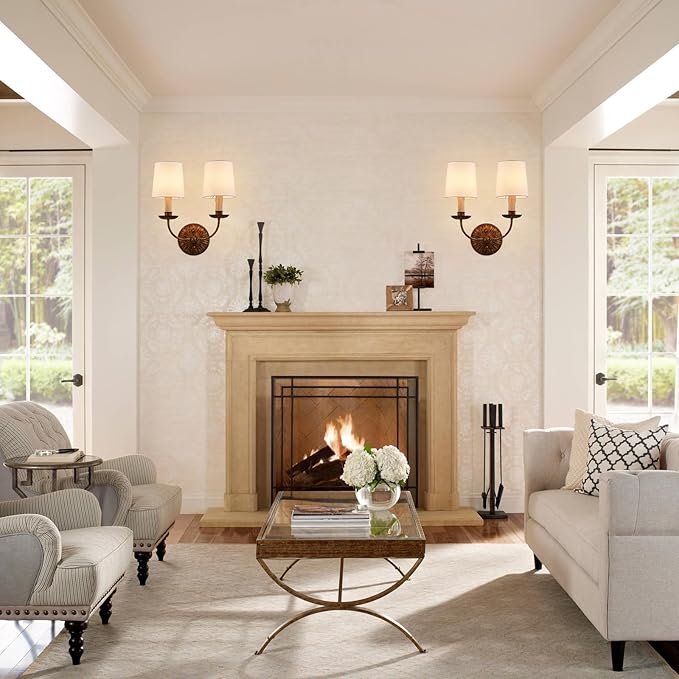 2-Lights Fabric Wall Sconces Antique Brushed Brass Wall Lights with Melted Candle Classic Mid Century Wall Lamp for Hallway Vanity Bedside Doorway, UL Listed