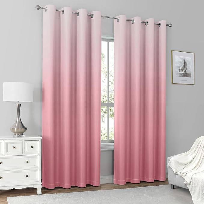HOMEIDEAS Pink 100% Ombre Blackout Curtains for Bedroom, 52 X 96 Inches Long Room Darkening Gradient Light Blocking Thermal Insulated Grommet Drapes for Living Room, 2 Panels