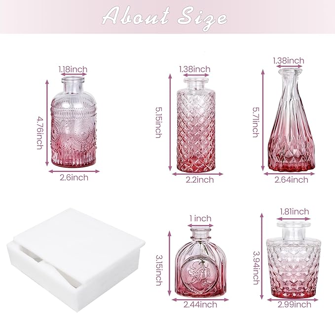 Pink Day Glass Bud Vase Set of 5, Small Flower Vases for Centerpieces in Bulk, Mini Vintage Vase for Wedding Decor, Single Flowers, and Home Table Décor