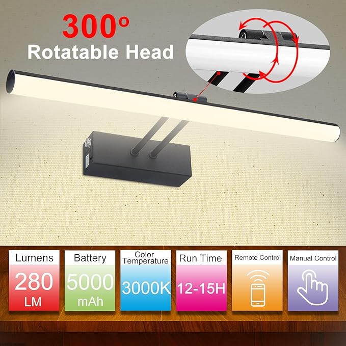 Black Picture Light, Battery Operated Painting Lighting with Remote,16 inch Led Art Lamp, Wirelless Wall Lamp,Rechargeable Picture Frame Light,Cordless Gallery Light