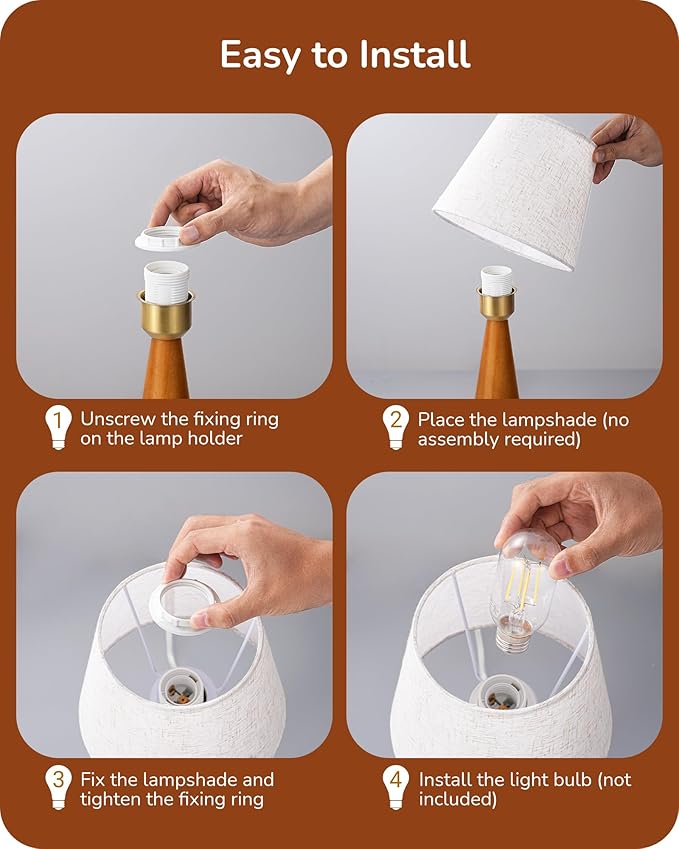 EDISHINE 13.58" Small Table Lamp, Wooden Bedside Lamp with Beige Linen Lampshade, Space-Saving Nightstand Lamp for Nursery Kids Room Bedroom Living Room, E26, ON-Off Button, Dark Rosewood Base