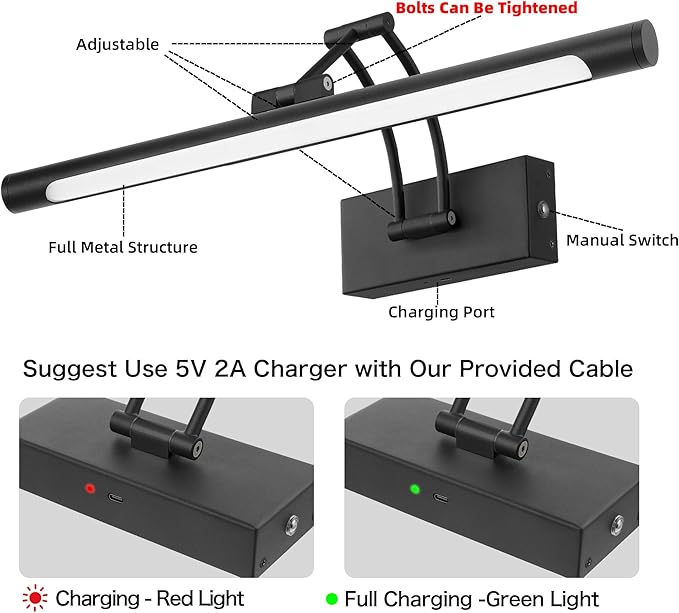 16“ Picture Lights for Wall Battery Operated, Wireless Picture Light with Remote, Rechargeable Wall Light 3000K/4000K/6000K Dimmable, Art Lighting for Paintings Frame Gallery Dartboard Light, Black