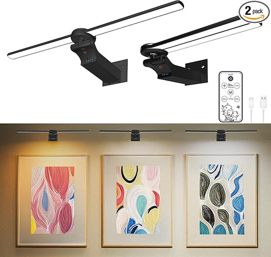 2 Pack Picture Light for Wall, 18in Rechargeable Wall Art Light with Timer and Dimmable, Painting Frame Light with Remote Control Display for Wall Painting, Frame, Portrait, Dartboard (Black)