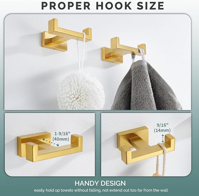 Angle Simple Double Towel Hook Brushed Gold 2 PCS, SUS304 Stainless Steel Bathroom Hand Towel Holder, Double Robe Hook for Wall