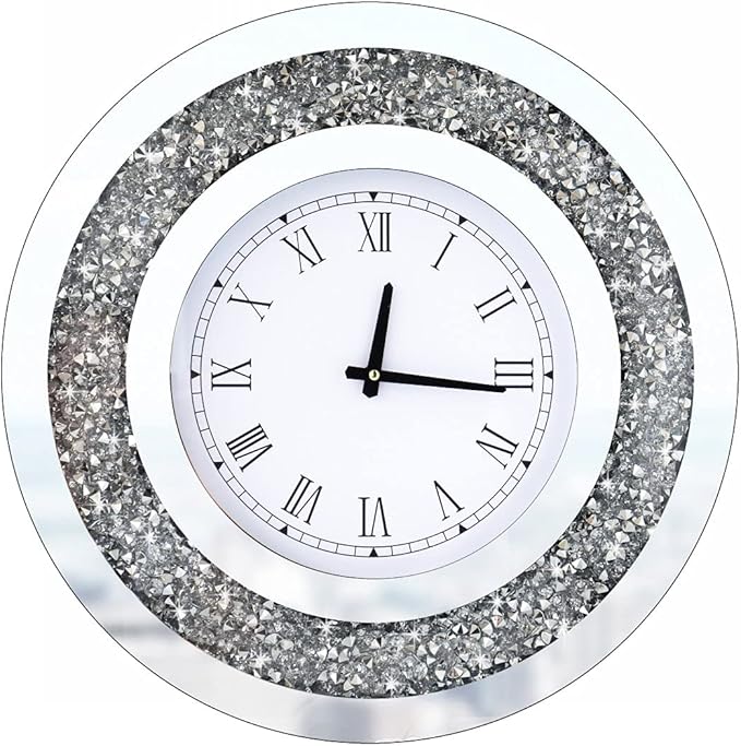 DMDFIRST Silver Round Mirror Clock 20x20inches Crystal Sparkle Twinkle Bling Crush Diamond Mirrored Large Wall Clock for Wall Decoration Silver Glass Mirror Home Décor. AA Battery is not Included.