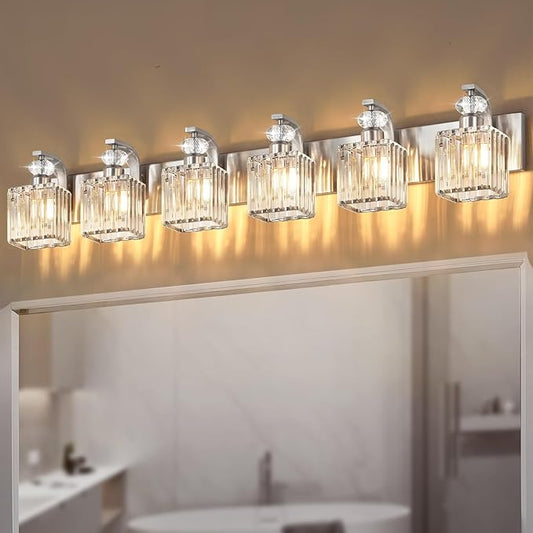 Modern Bathroom Vanity Light, 6-Light Nickel Bathroom Lighting Fixtures Over Mirror, 44.1" Crystal Wall Light Sconce for Bathroom/Bedroom/Vanity, Includes LED Bulbs, Easy Installation
