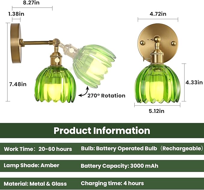 Battery Operated Wall Sconce Set of 2 with Green Floral Glass Shade Vintage Wireless Wall Light with Remote Control for, Living Room, Bedroom, Dressing Table and Bathroom Timer/Memory Function/Dimmer