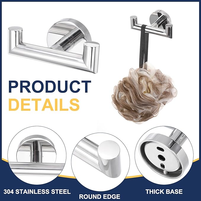 uxcell Double Towel Hook, Stainless Steel Coat Hook, Wall Mount Robe Hooks Hand Towel Hanger for Bathroom Kitchen Living Room, Bright Silver