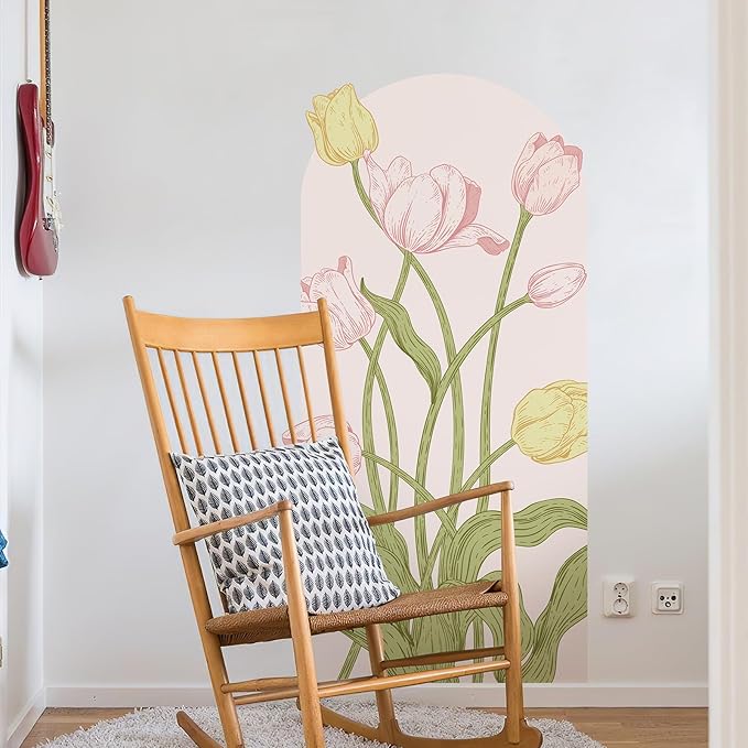 Large Floral Wall Decals Peel and Stick Tulip Floral Arch Decal 59" H x 29.5" W Tulip Flower Wall Art Pink Yellow Vinyl Stickers for Door Bedroom Bathroom Entrance Decor