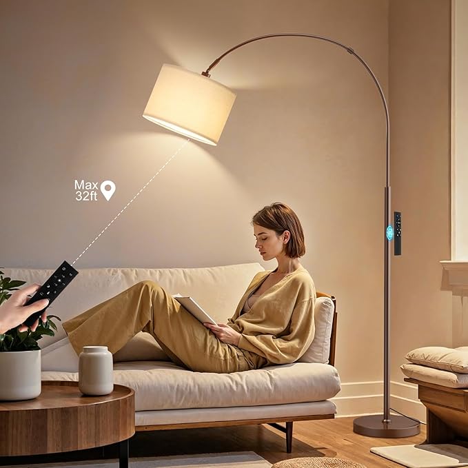 Ambimall Dimmable Arc Floor Lamp with Remote, Color Temperatures and Brightness Adjustable, Arched Floor Lamp with Rotating Head, Over Couch Arched Reading Light for Living Room (Deep Beige and Brown)