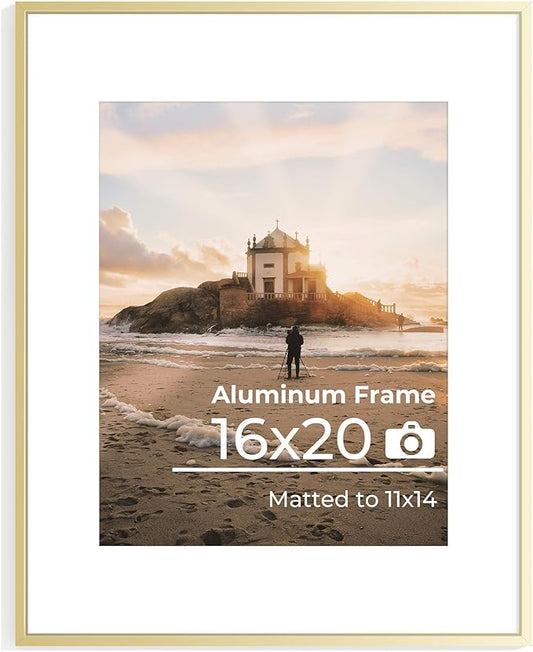 16x20 Metal Picture Frame Golden, Aluminum Poster Frame with Removable Mat for 11x14 Photo, 16 x 20 Thin Hanging Frames, Simple and Elegant Decor for Wall Mounting, 1 Pack