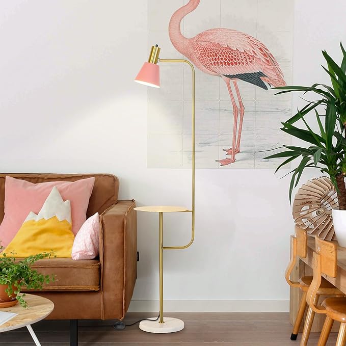 Hsyile Contemporary Modern Creative Floor Lamp with a Table,Suitable for Living Room,Den,Office,Bedroom - Standing Lamp Tall Floor Lamp - Brushed Brass Finish and Pink Lampshade