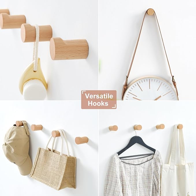 Wood Wall Hooks for Hanging, 6 Pack Rustic Coat Hooks Wall Mount, Handmade Wooden Pegs Hat Hook, Entryway Walls Hanger for Coat Purse, Boho Bathroom Towel Rack (Beech Wood)