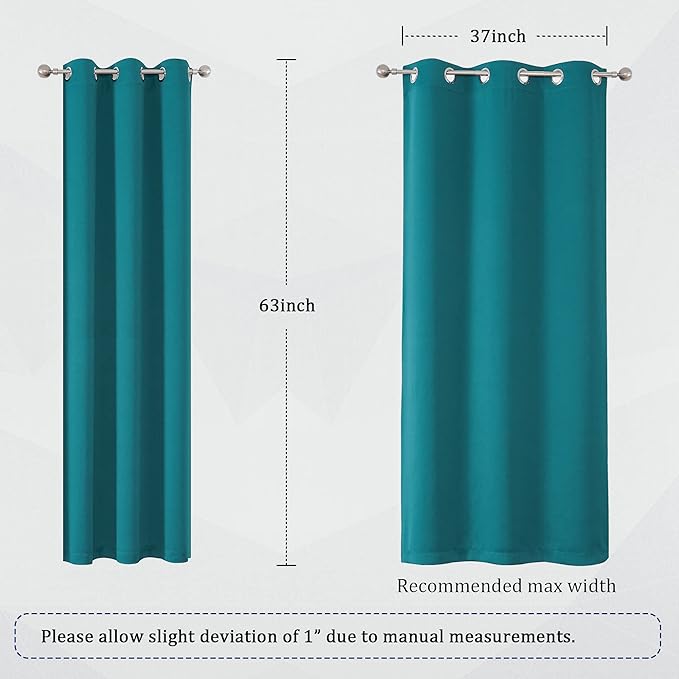 DUALIFE Teal Blackout Curtains 63 Inch Length with Grommet Teal Blue Bedroom Curtains 2 Panels Set Teal Drapes Thermal Insulated Room Darkening Curtains for Boy Living Room 42 x 63 Inch