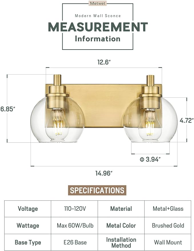 Bathroom Light Fixtures, 2 Light Brushed Gold Vanity Light, Modern Wall Sconces with Clear Glass Globe Shade, Bathroom Wall Lights Over Mirror Kitchen Bedroom Hallway, VL195-GD-2