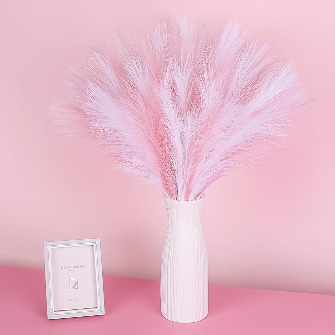 60 Pcs Pampas Grass Pink White Decor 21.7" Fluffy Faux Short Pampas Grass Artificial Small Pompas Grass Flower Vase Filler for Home Wedding Decoration