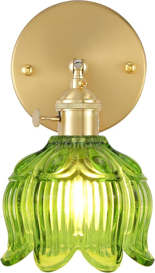 Vintage Wall Sconces,Wall Lamp with Flower Lampshade,3 Color Temperatures Wall Lights,Hradwired Wall Lighting Fixture for Bedside Bathroom Bedroom Doorway (Flower Green, 1 Light Hardwired)
