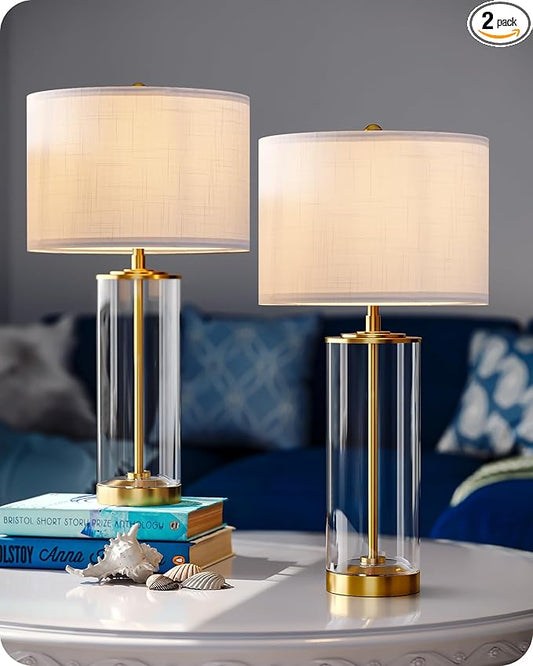 EDISHINE 23.6IN Glass Table Lamp DIY Fillable Base, White Linen Lampshade Table Lamp Set of 2, Tall Bedside Lamp for Living Room Bedrooms Bedside, Rotary Switch, UL Listed