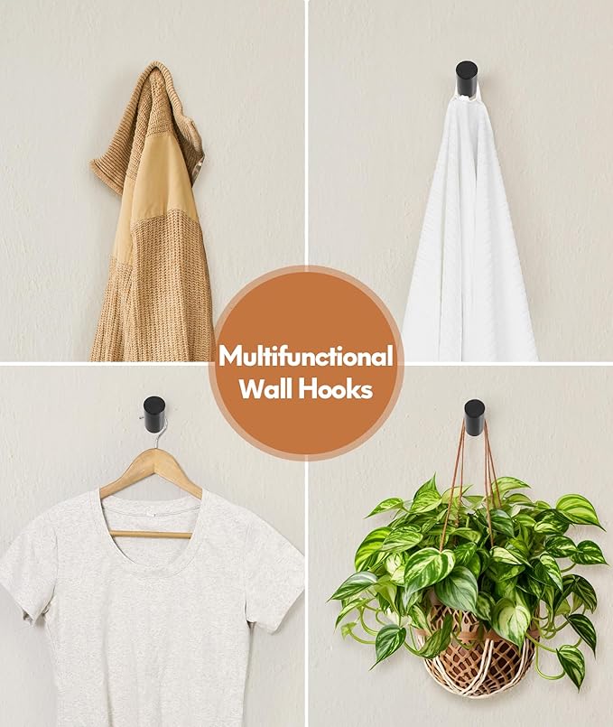 Wood Wall Hooks for Hanging, 8 Pack Hat Hook for Walls, Coat Hook Wall Mount, Backpack Hooks for Walls, Bathroom Towel Hanger (Black)