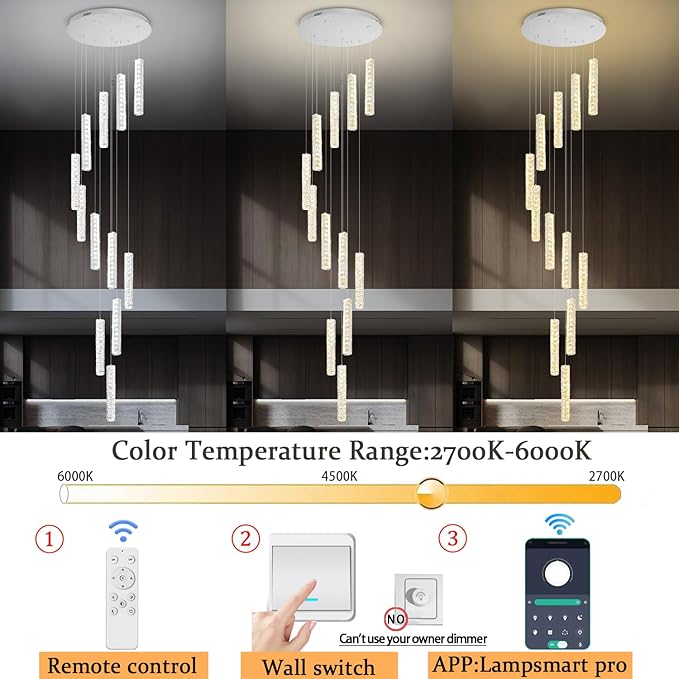 IDEQU Modern LED 120inch Long Spiral Staircase Crystal Chandelier High Ceiling Chandelier Lighting for Foyer Hallway 12-Light Silver Dimmable 2700K-6000K