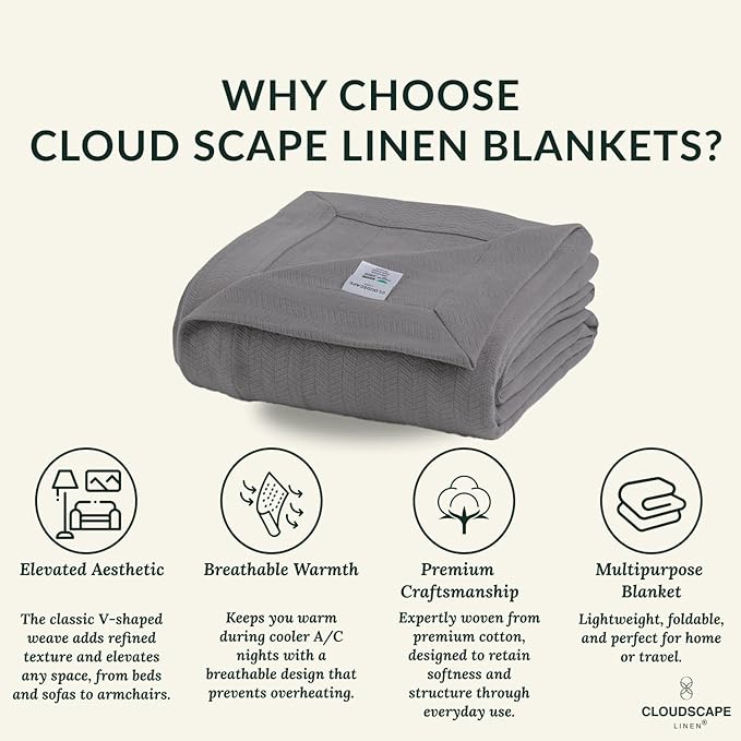 Cloud Scape Linen Herringbone Cotton Throw Blanket for Couch, Bed,Sofa, Home Decor, Soft, Lightweight, All-Season Bed Blanket, 50 x 70, Dark Grey