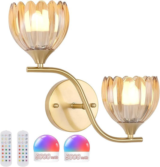 Battery Operated Wall Sconce, 2-Lights Vinatge Brass Wall Lighting with Amber Tluip Shade Rechargeable Bulb with Remote for Living Room, Bedroom