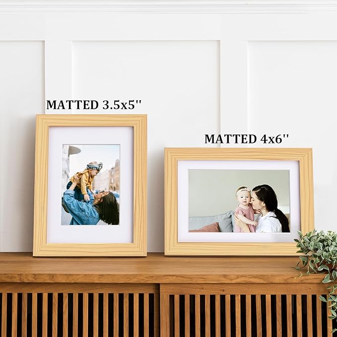 Egofine 5x7 Picture Frames Natural Wood Frames with Plexiglass, Display Pictures 3.5x5/4x6 with Mat or 5x7 Without Mat Set of 4 for Tabletop and Wall Mounting