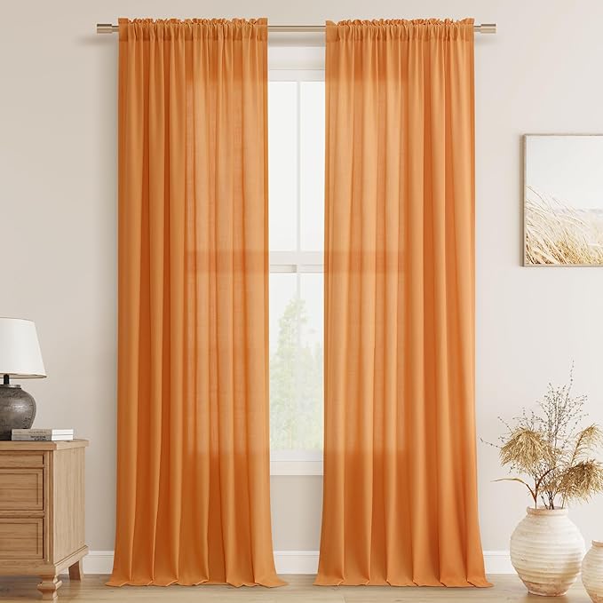 Guken Orange Linen Curtains 96 Inch Length for Living Room Bedroom 2 Panels Set Rod Pocket Light Filtering Semi Sheer Window Curtains 52 Inch Width Boho Farmhouse Linen Drapes, W52xL96