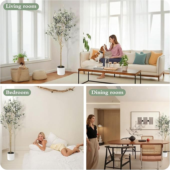 Artificial Olive Tree 6 ft, 71 Inch Faux Olive Tree with White Planter, Natural Olive Branches and Realistic Leaves for Modern Home Office Living Room Floor Decor