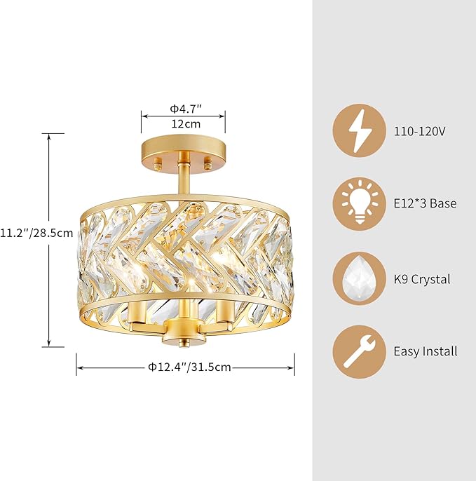 Shrine Lighting Crystal Ceiling Light, Gold Crystal Chandelier for Living Room, D12.4'' x H11.2'', E12*3 Sockets, Ctystal Lampshade & Gold Finish Frame