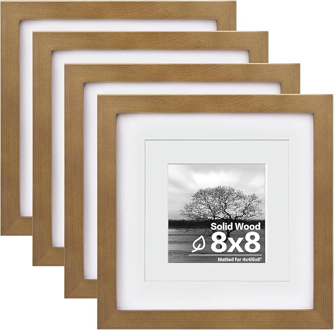 Egofine 8x8 Picture Frames 4 Pack Covered by Plexiglass, for Picture 4x4 with Mat or 8x8 whitout Mat Made of Solid Wood for Table Top Display and Wall Mounting Photo Frame, Light Brown