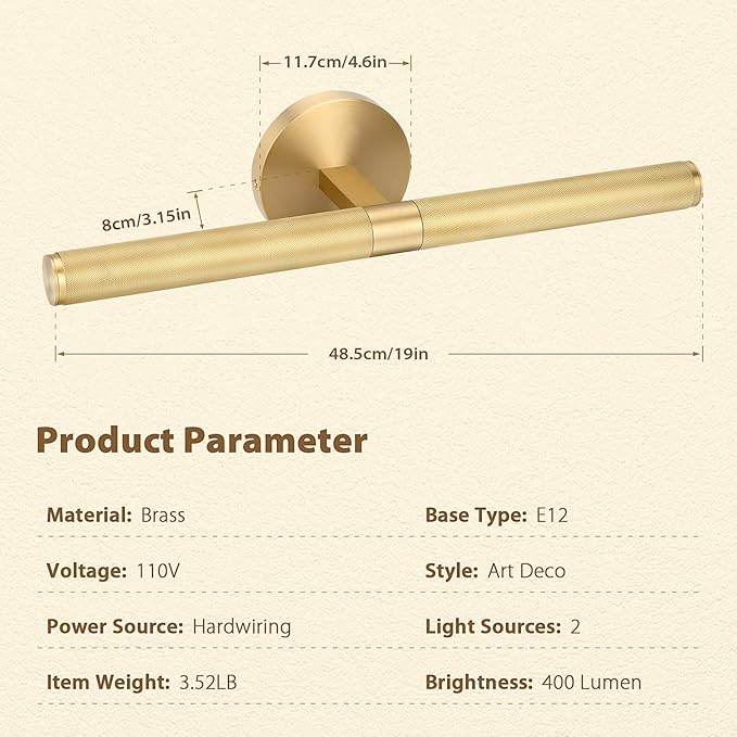 19” Brass Picture Lights, 3000K&6000K Modern Vanity Light, 360° Rotatable Wall Sconces Lampshade, Hardwired Art Light Over Picture Frame for Living Room, Bookcase, Artwork, Brass