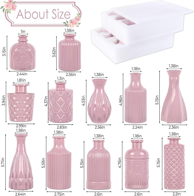 Blush Pink Glass Bud Vase Set of 12 – Mini Vintage Vases for Flowers, Centerpieces, Wedding & Home Décor