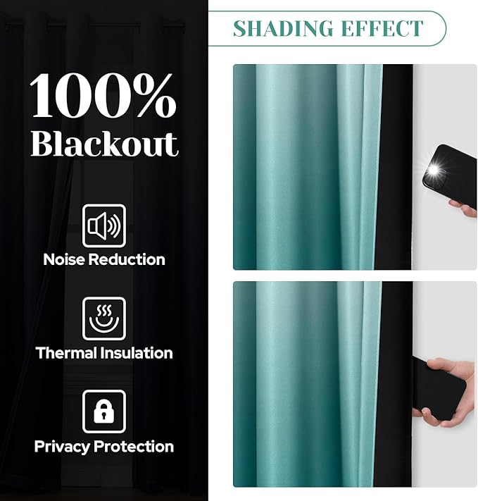 HOMEIDEAS Teal 100% Ombre Blackout Curtains for Bedroom, 52 X 84 Inches Long Room Darkening Gradient Light Blocking Thermal Insulated Grommet Drapes for Living Room, 2 Panels