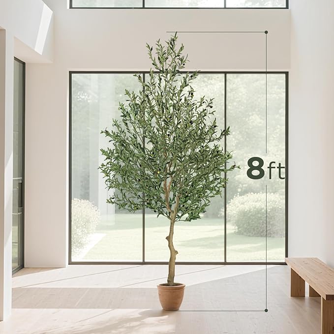WILDLOVE 8ft Olive Trees Artificial Indoor, Natural Olive Branches and Realistic Leaves, Faux Olive Tree with Lifelike Fruits and Planter, Housewarming Gifts for Home Office Decor