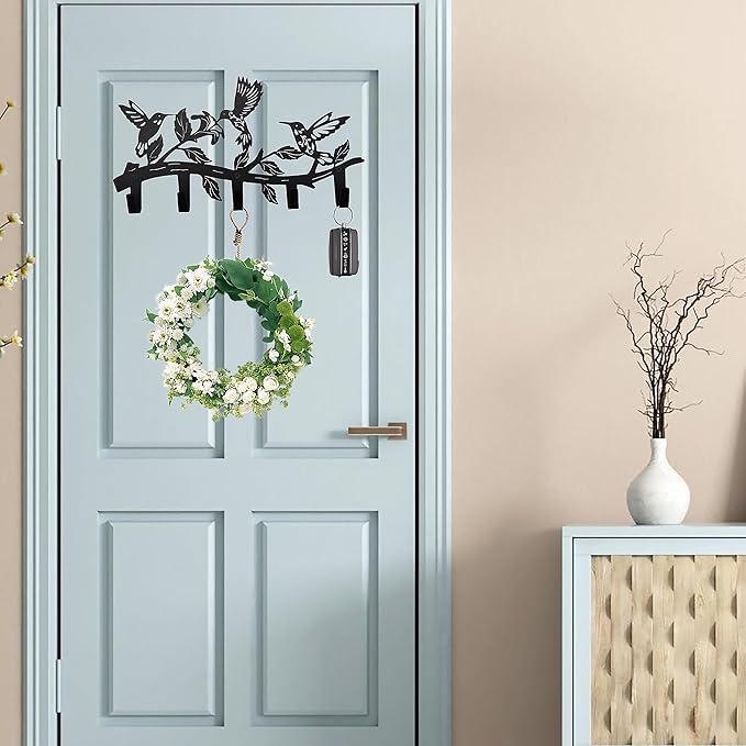 Metal Hummingbird Coat Hooks Wall Art Decor-Hummingbird Hangers and Key Holder-Animal Theme Hooks Sweet Home Decor for Storage, Living Room, Hallway, Office (Black)