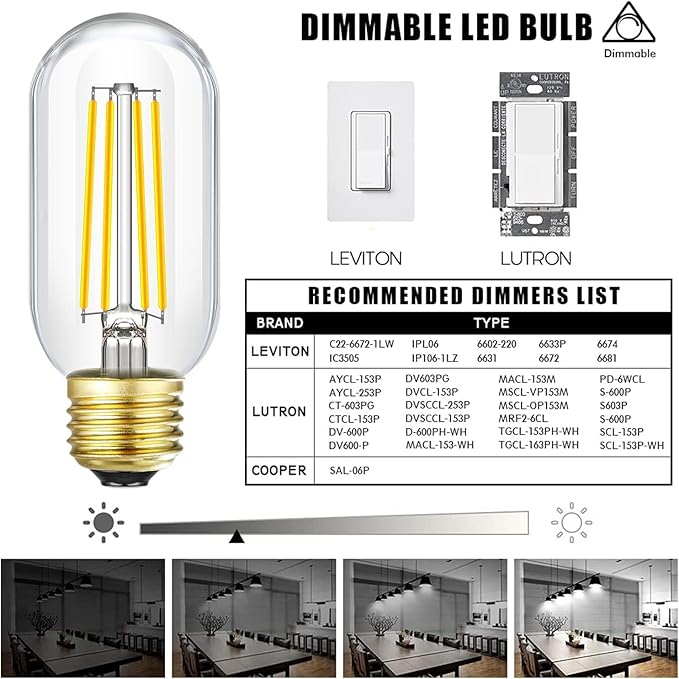 Leools E26 Edison Bulb 8W Equivalent E26 LED Bulb 100 Watt Dimmable Daylight 4000K E26 Light Bulb AC120V 800lm Tubular T14 LED Bulb for Pendant,Sputnik,Vanity,Chandeliers Pack of 6