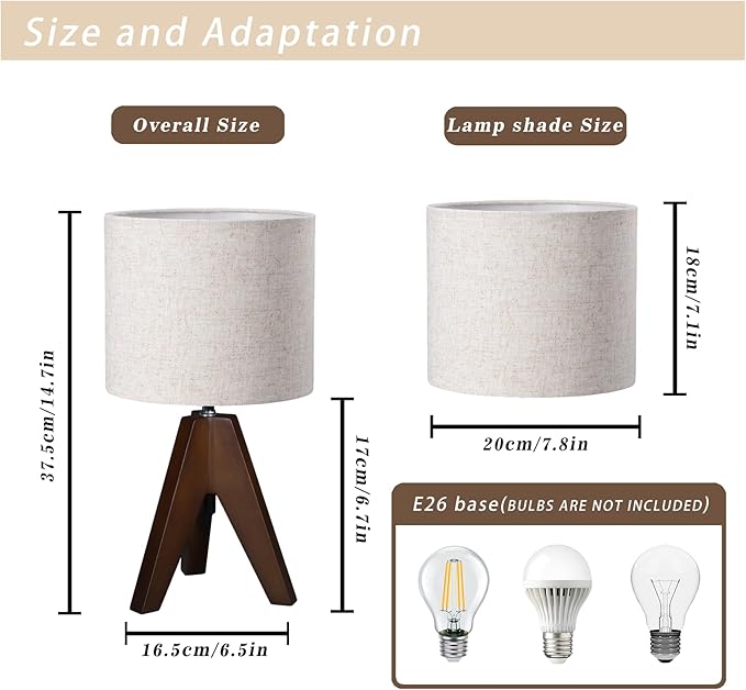 Tripod Table Lamp, Wooden Desk Lamp with Linen Beige Lampshade, 14.37 in Small Bedside Lamps, Brown Wooden E26 Base Lamps for Night Stands, Home, Office, Living Room, Dorm(Bohemian)