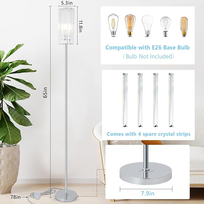 HMVPL Chrome Floor Lamp for Living Room, Modern Pole Floor Lamp for Bedroom with K9 Crystal Shade, Silver Standing Lamp for Corner with On/Off Switch,Elegant Tall Lamp for Nursery Kids Girls Room Home