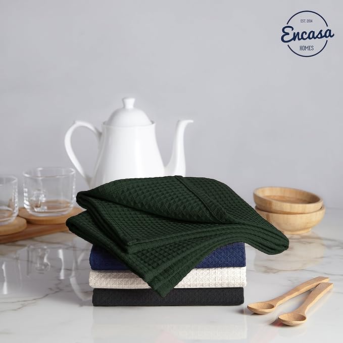 Encasa XO Kitchen Dish Towels Set | Multicolor 4 | Waffle Weave and Flat Hand Tea Towel | 28"x18" | Quick Drying Reusable Cotton Washcloths | Multipurpose Lightweight Dishcloths Set of 12