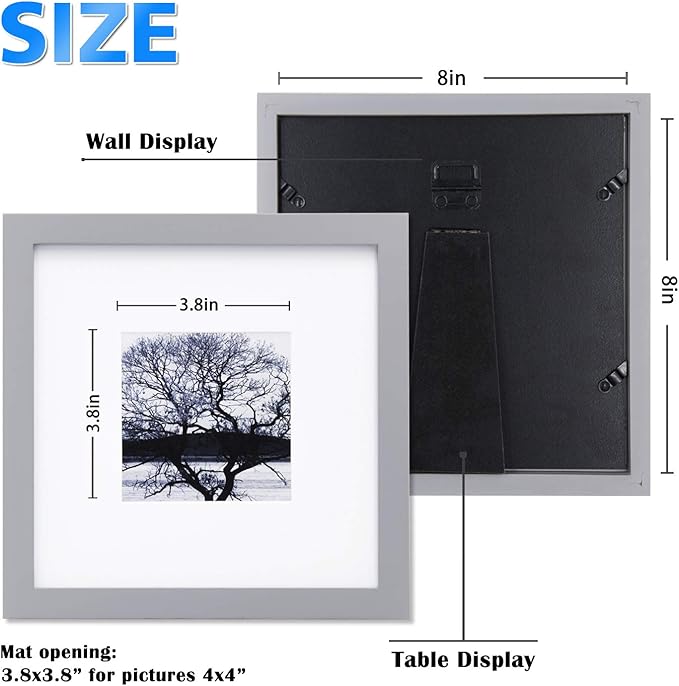 Egofine 8x8 Picture Frames 4 Pack, for Picture 4x4 with Mat or 8x8 whitout Mat Made of Solid Wood Covered by Plexiglass for Table Top Display and Wall Mounting Photo Frame, Light Gray